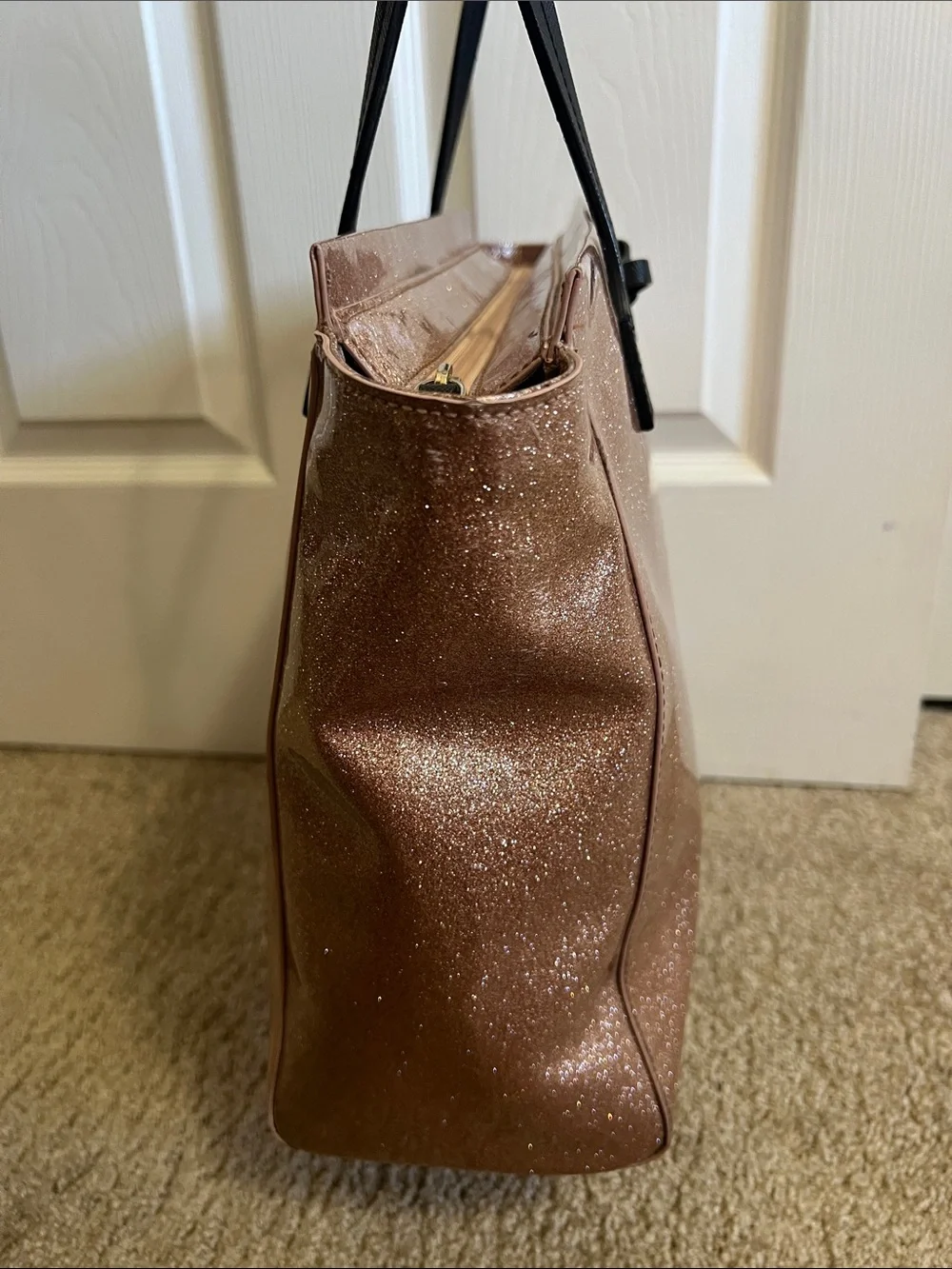 Kate Spade Rose Gold Glitter Tote with Black Bow and Black Handles